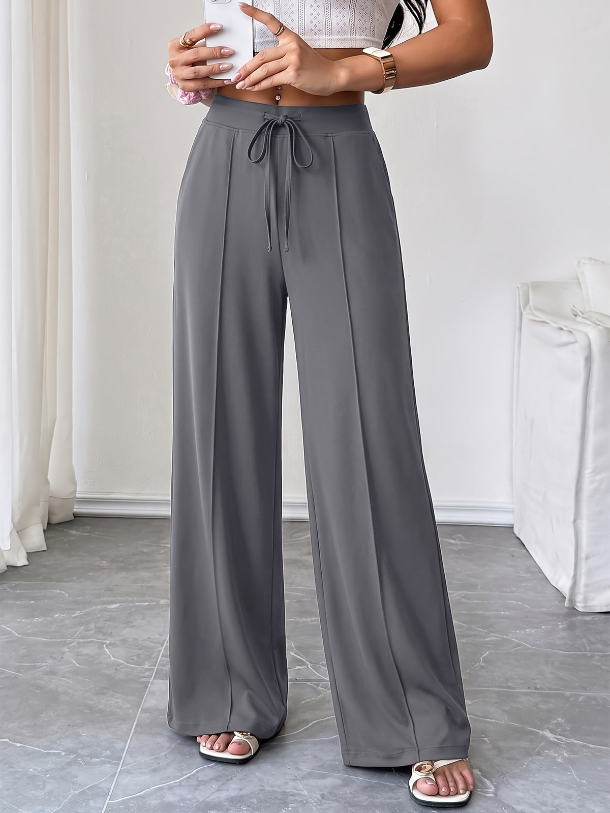 Drawstring Flowy Wide Leg Pants - Grey