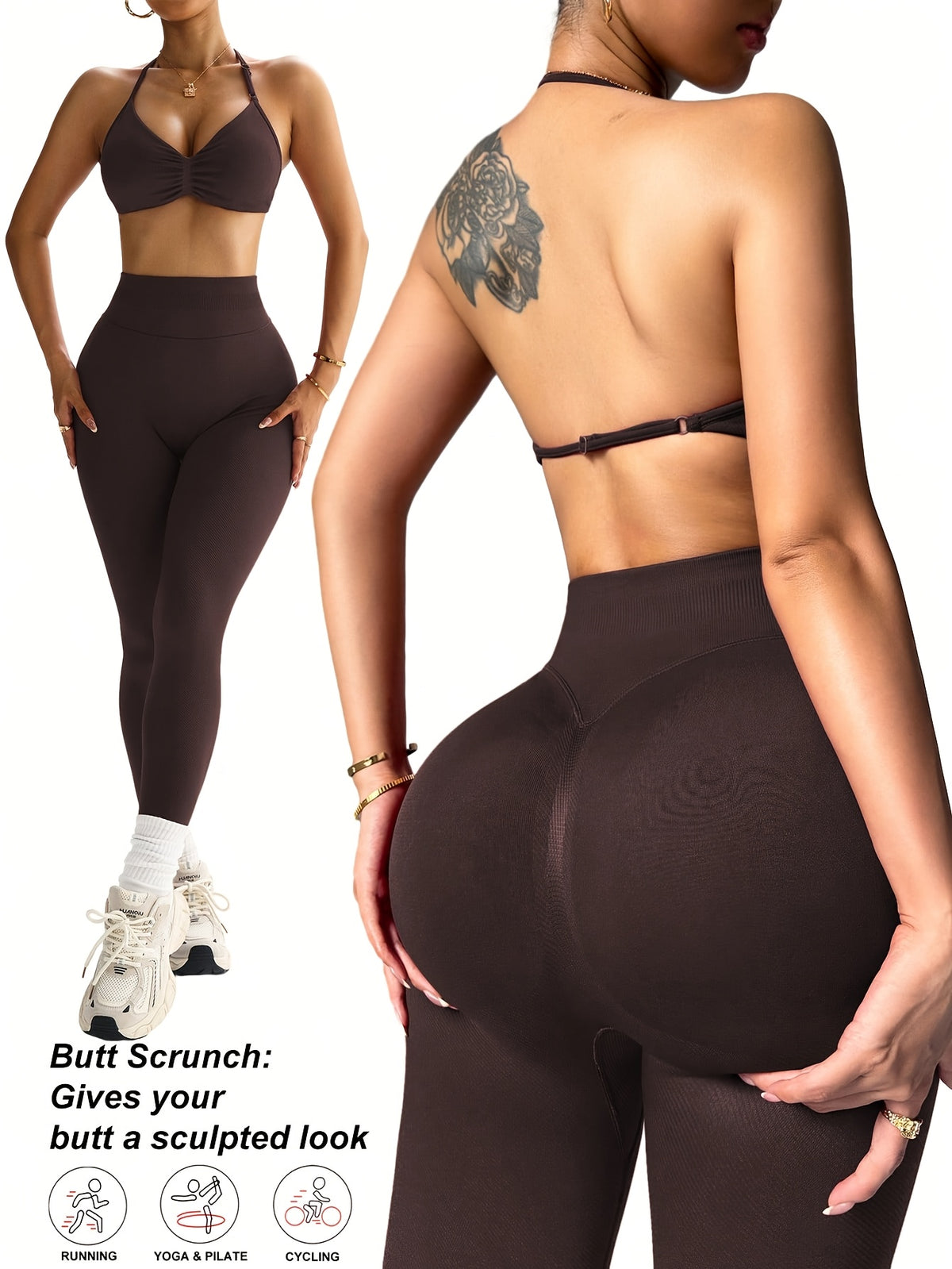 Thin Strap Padded Bra & Leggings Set - Brown