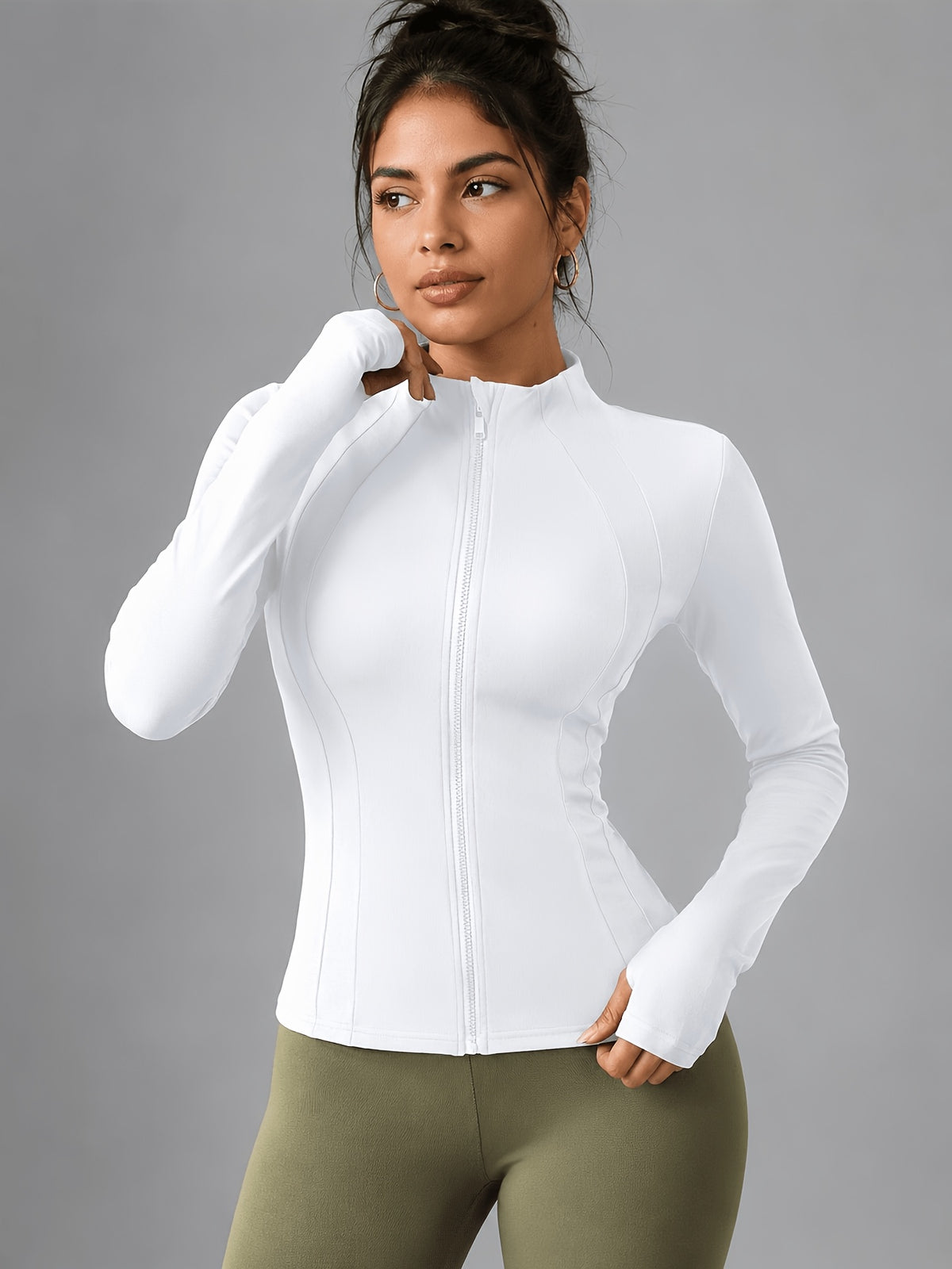 Thumbhole Stand Collar Full Zip Jacket - White