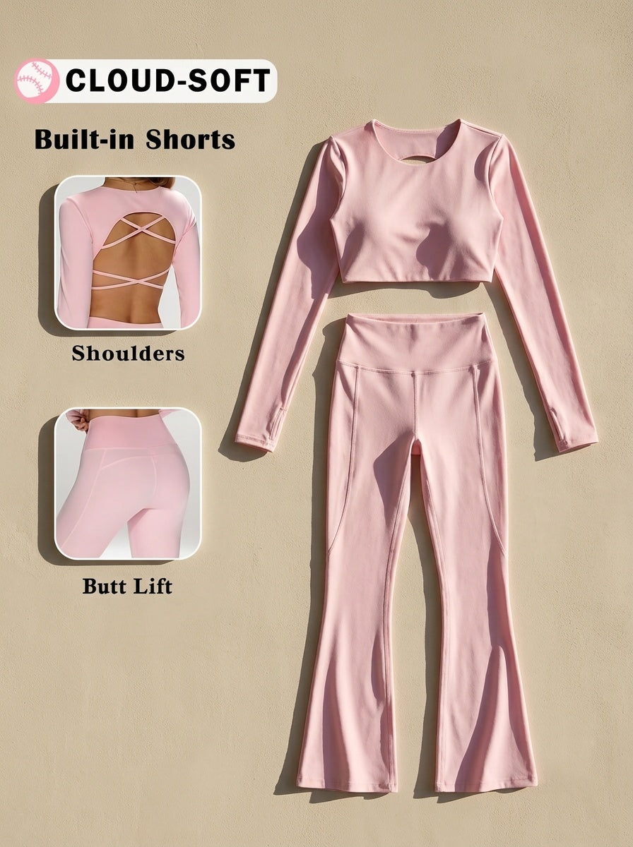 Open Back Long Sleeve Top & Flare Pants Set - Pink Red