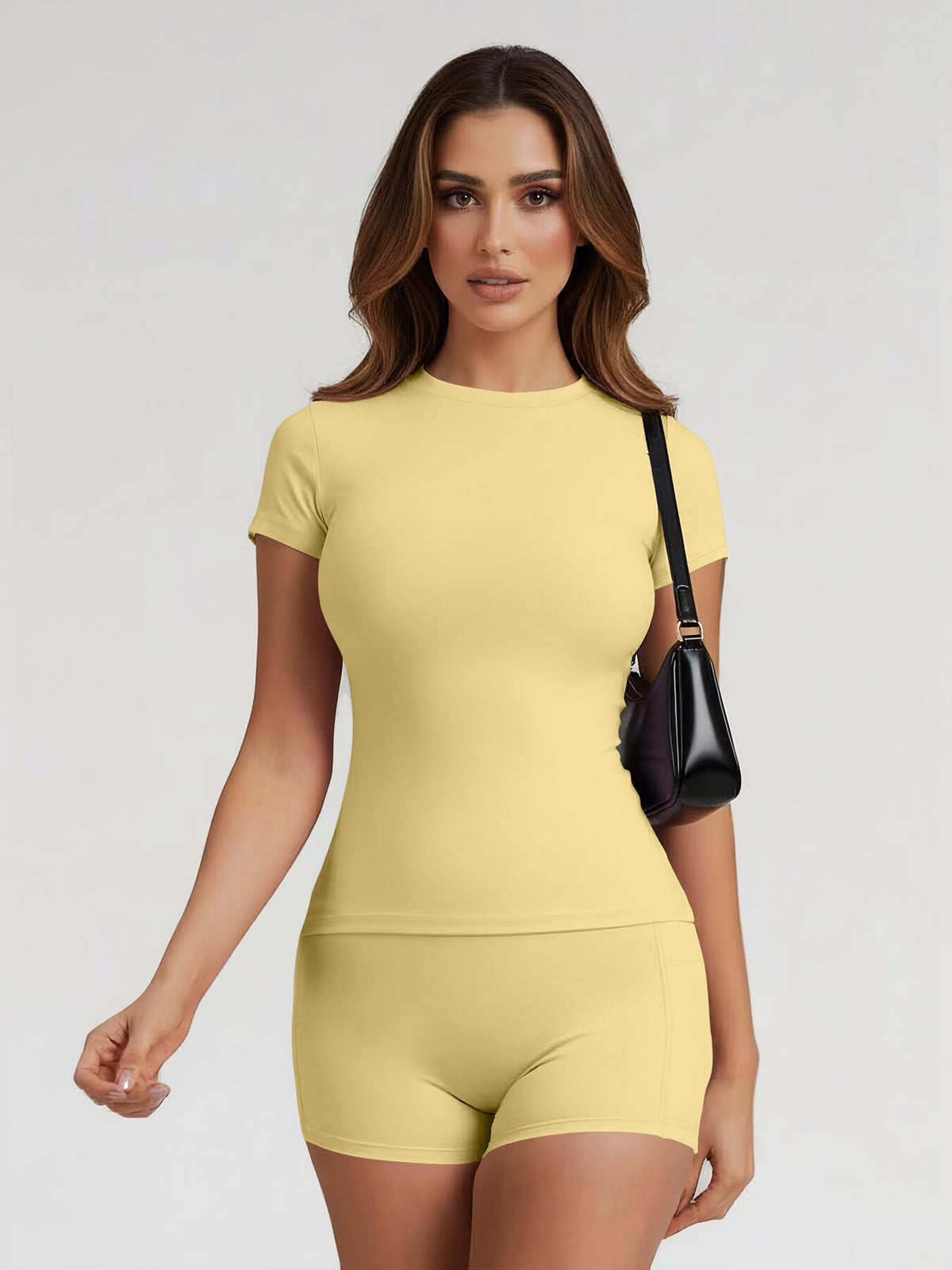 Tummy Control Top & Pocket Shorts Set - Yellow