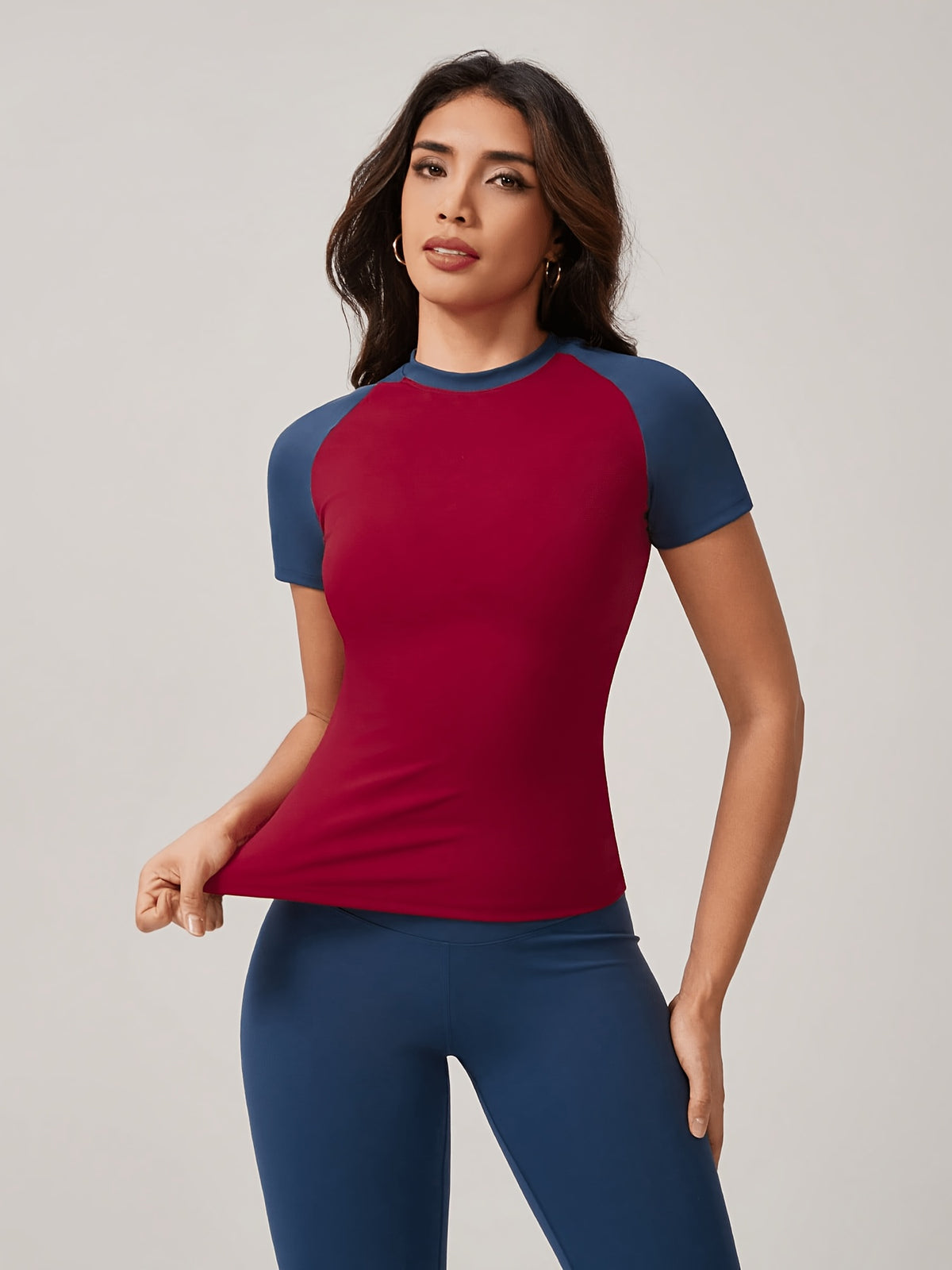 Colour Block Tee & Leggings Set - Red & Navy