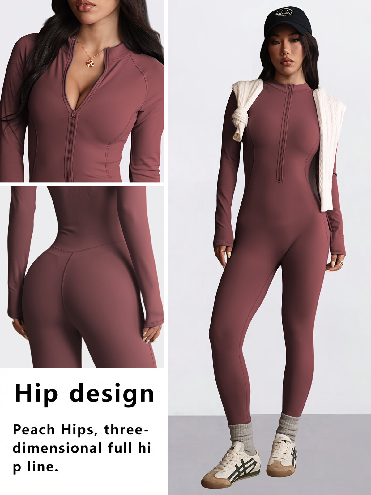 Zip Up Long Sleeve Jumpsuit - Burgundy
