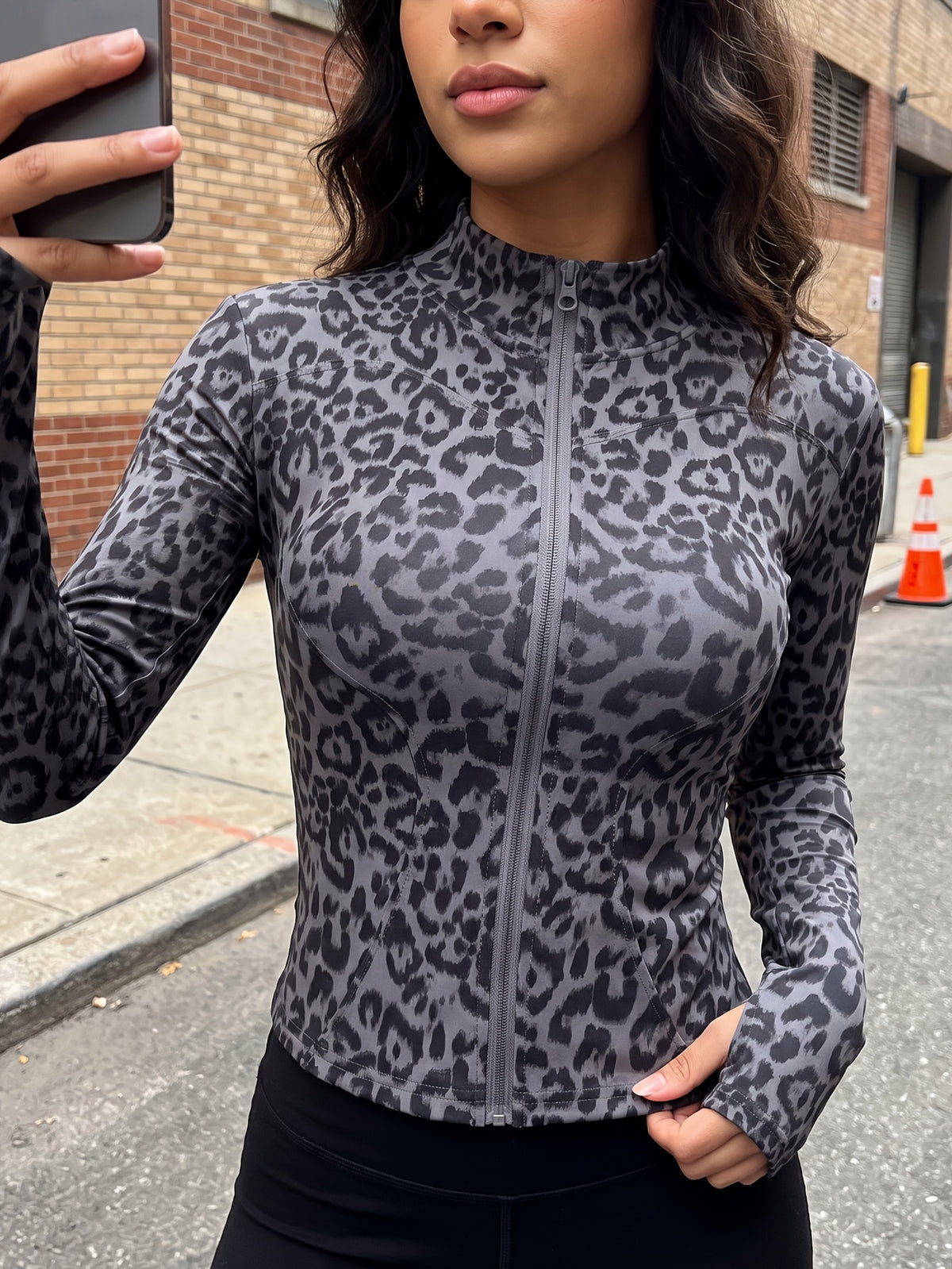 Leopard Print Zip Up Jacket - Dark Gray