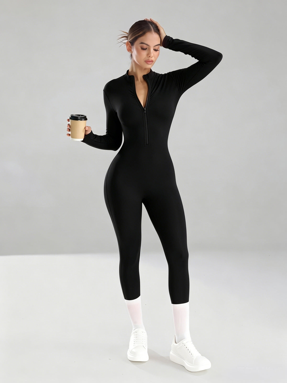 Half Zip Stand Collar Unitard - Black