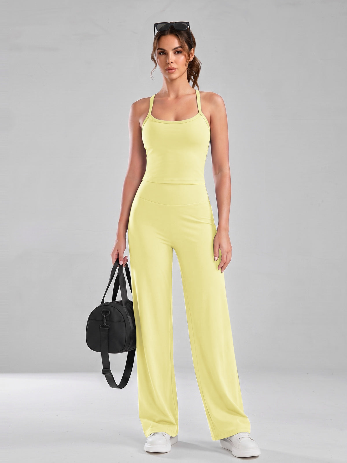 Cross Back Cami & Wide Leg Pants Set - Yellow