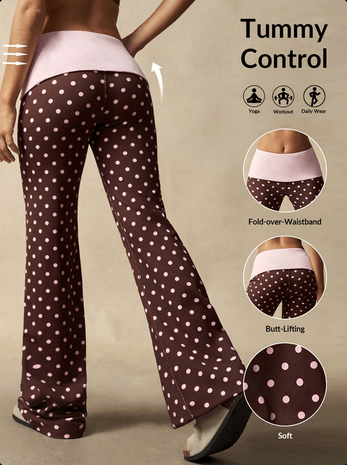 Polka Dot Fold Waist Flare Pants - Brown Base With Pink Dots