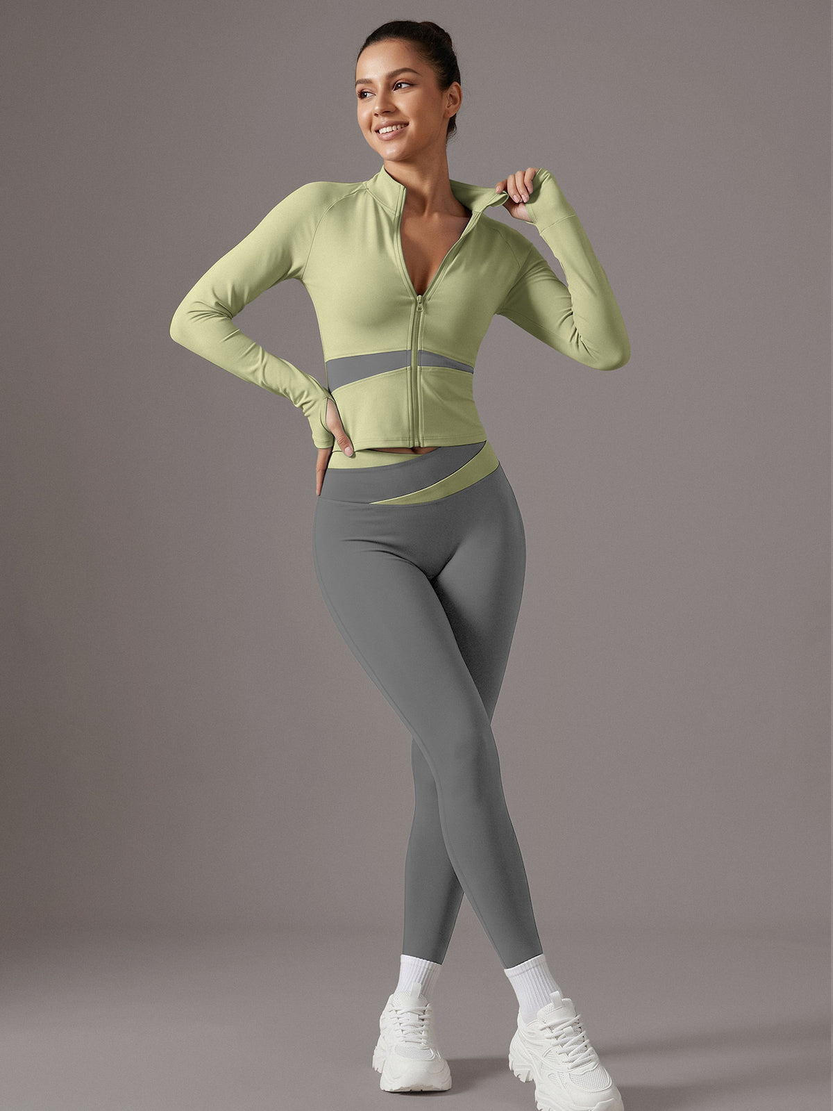 Color Block Cardigan Jacket & Slim Pants Set - Light Green & Grey