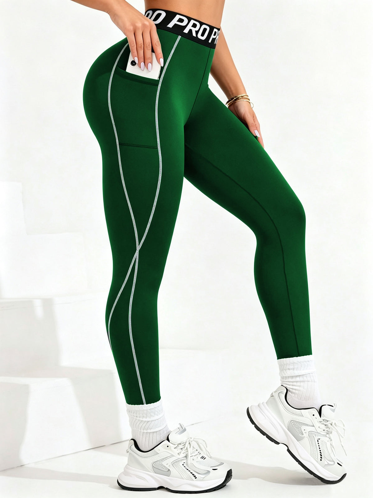 Letter Waistband Double Pocket Leggings - Dark Green