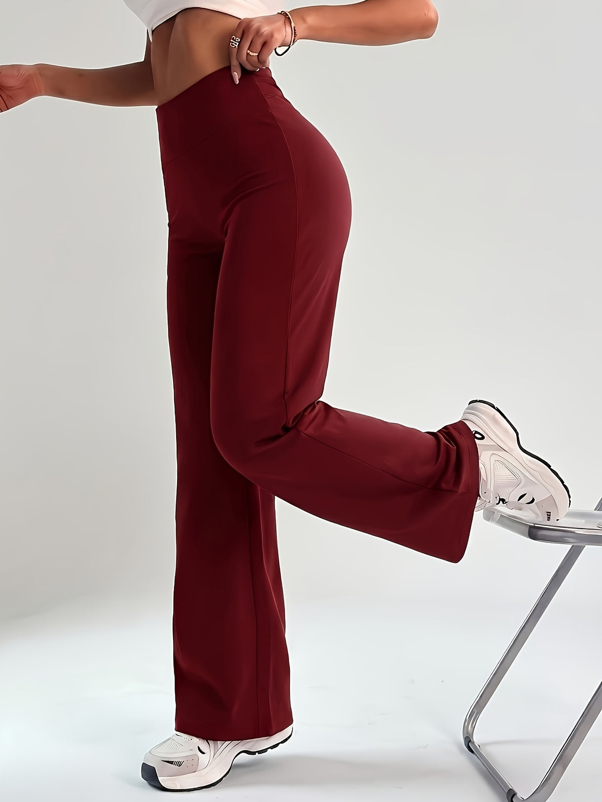 Wide Band Draped Straight Leg Pants - Burgundy