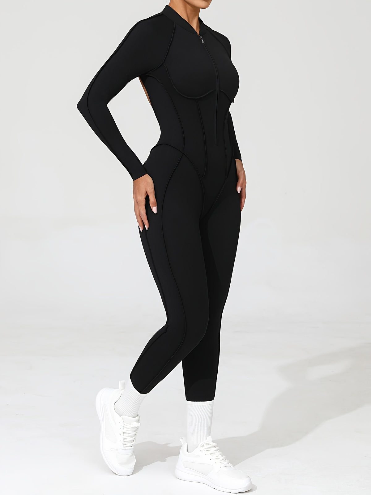 Half Zip Open Back Long Sleeve Jumpsuit - Black
