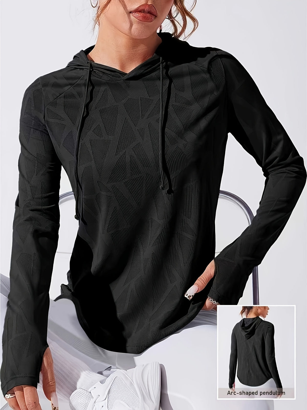 Curved Hem Drawstring Hooded Top - Black