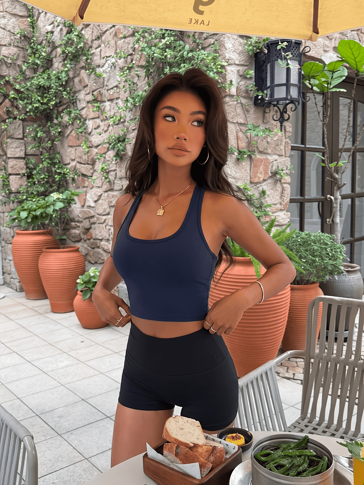 Cross Back Padded Tank Top - Navy