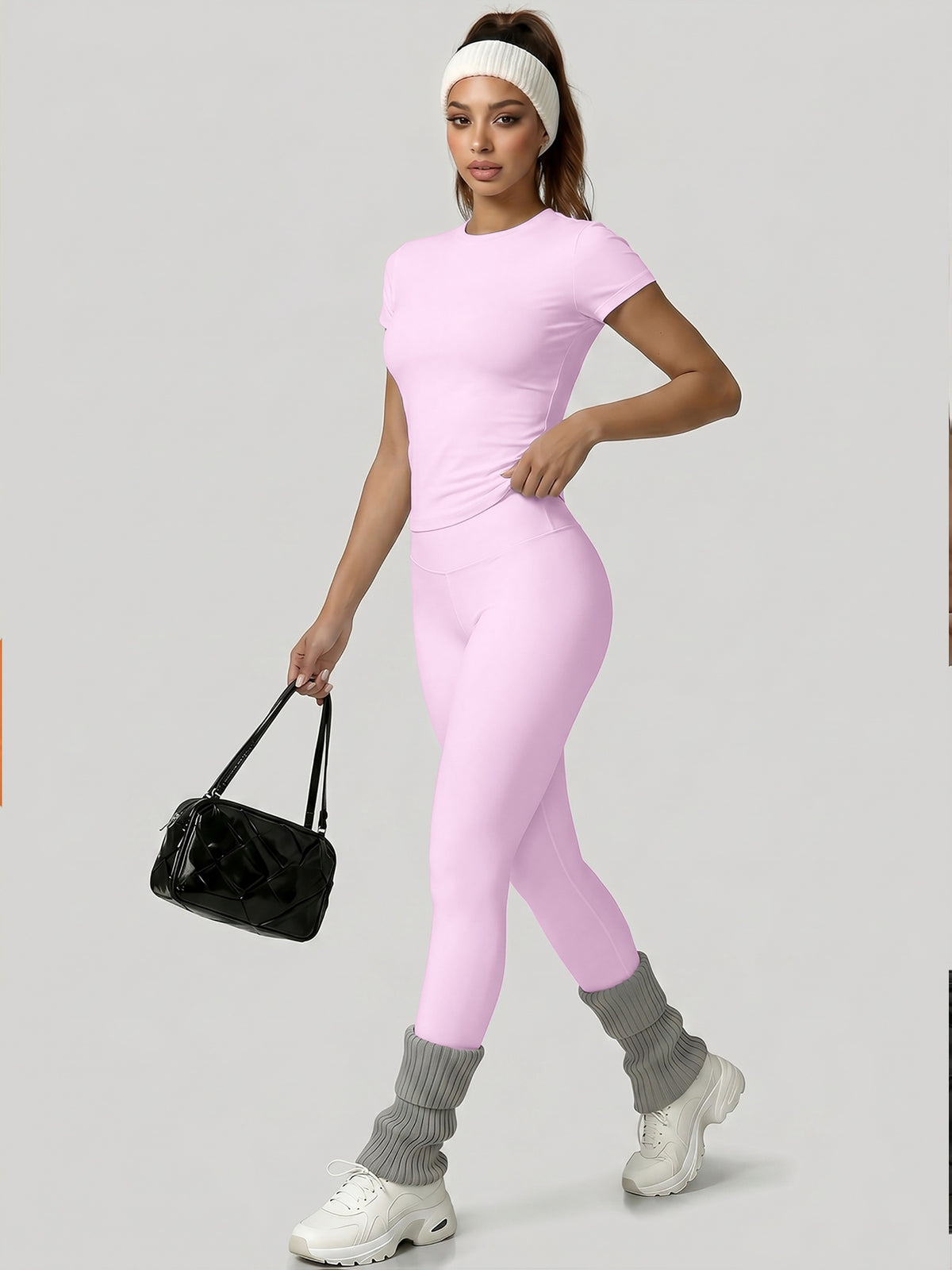 Round Neck Top & Tummy Tuck Leggings Set - Pink