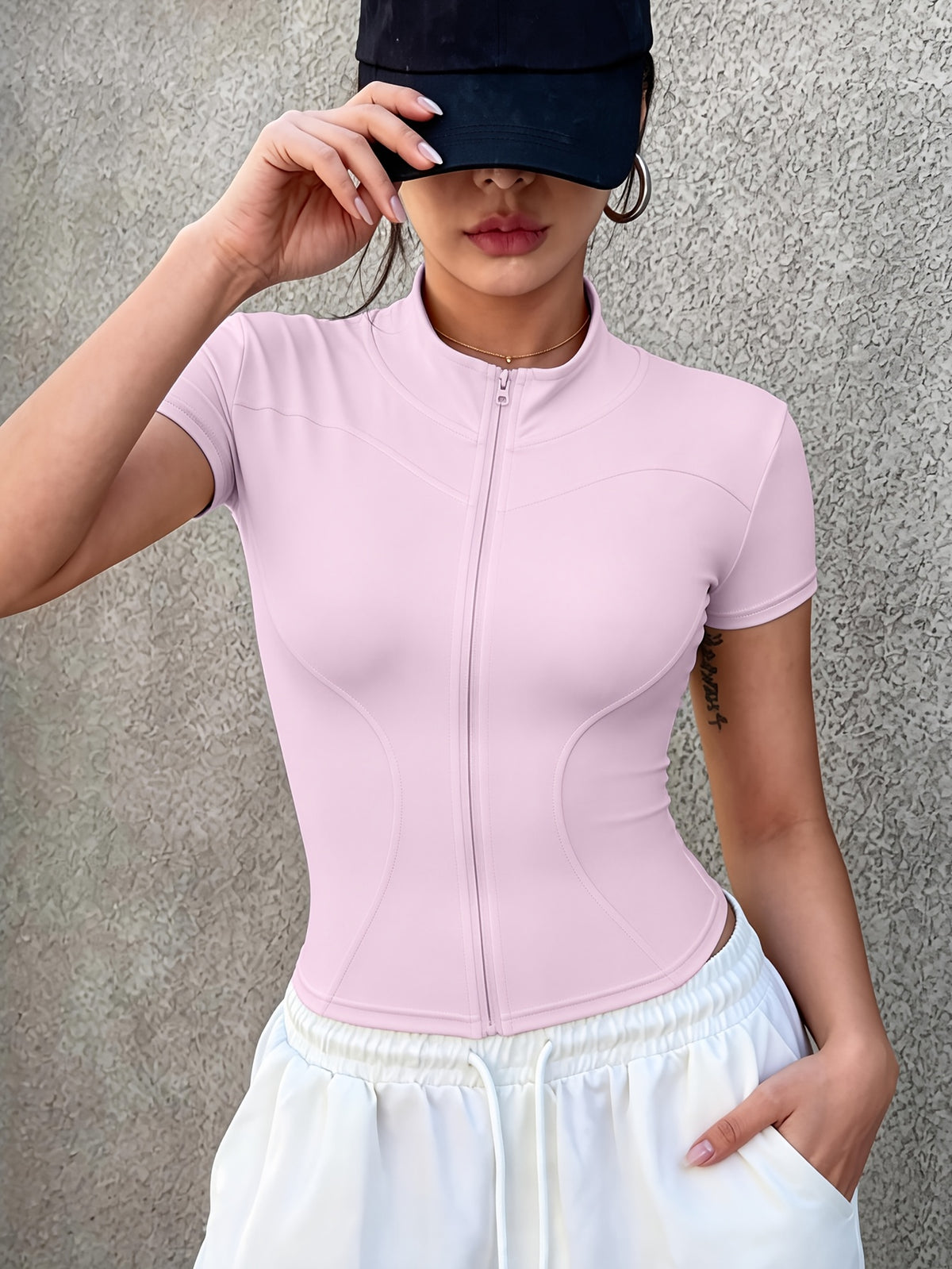 Short Sleeve Zip Cropped Yoga Jacket - Hot Pink