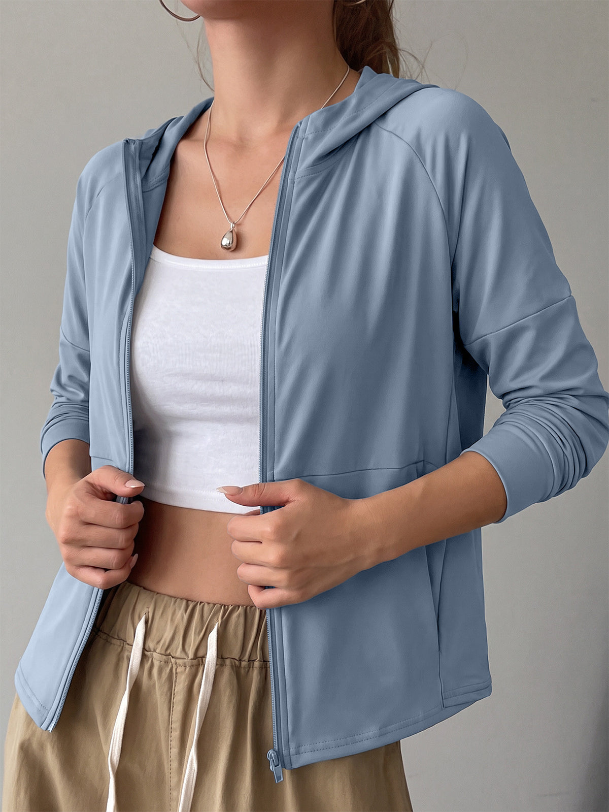 Longline Hooded Thumb Loop Jacket - Lake Blue