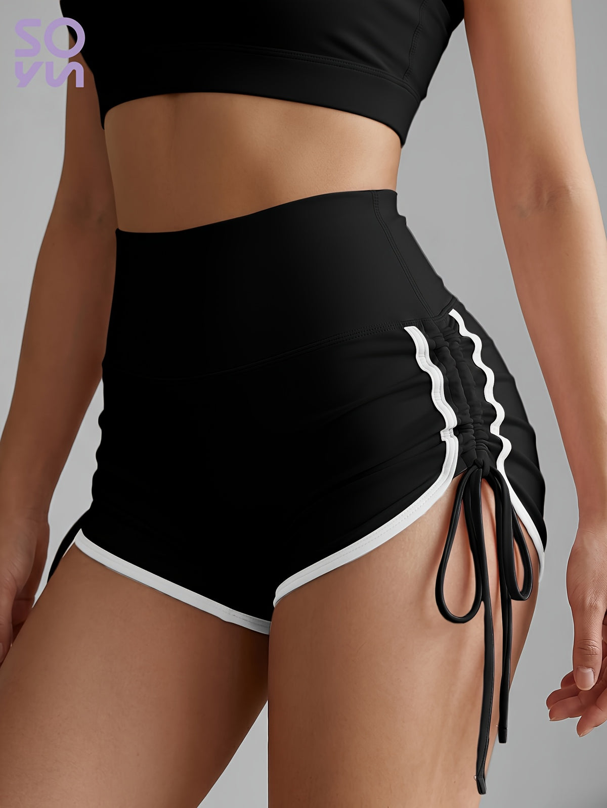 Contrast Tie Side High Waist Shorts - Black
