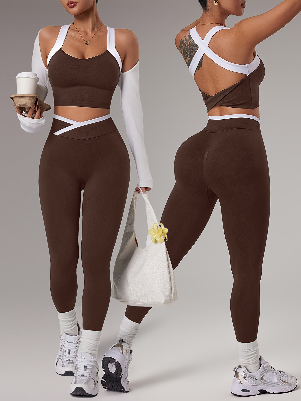 Cross Strap Bra & Leggings Set - Brown
