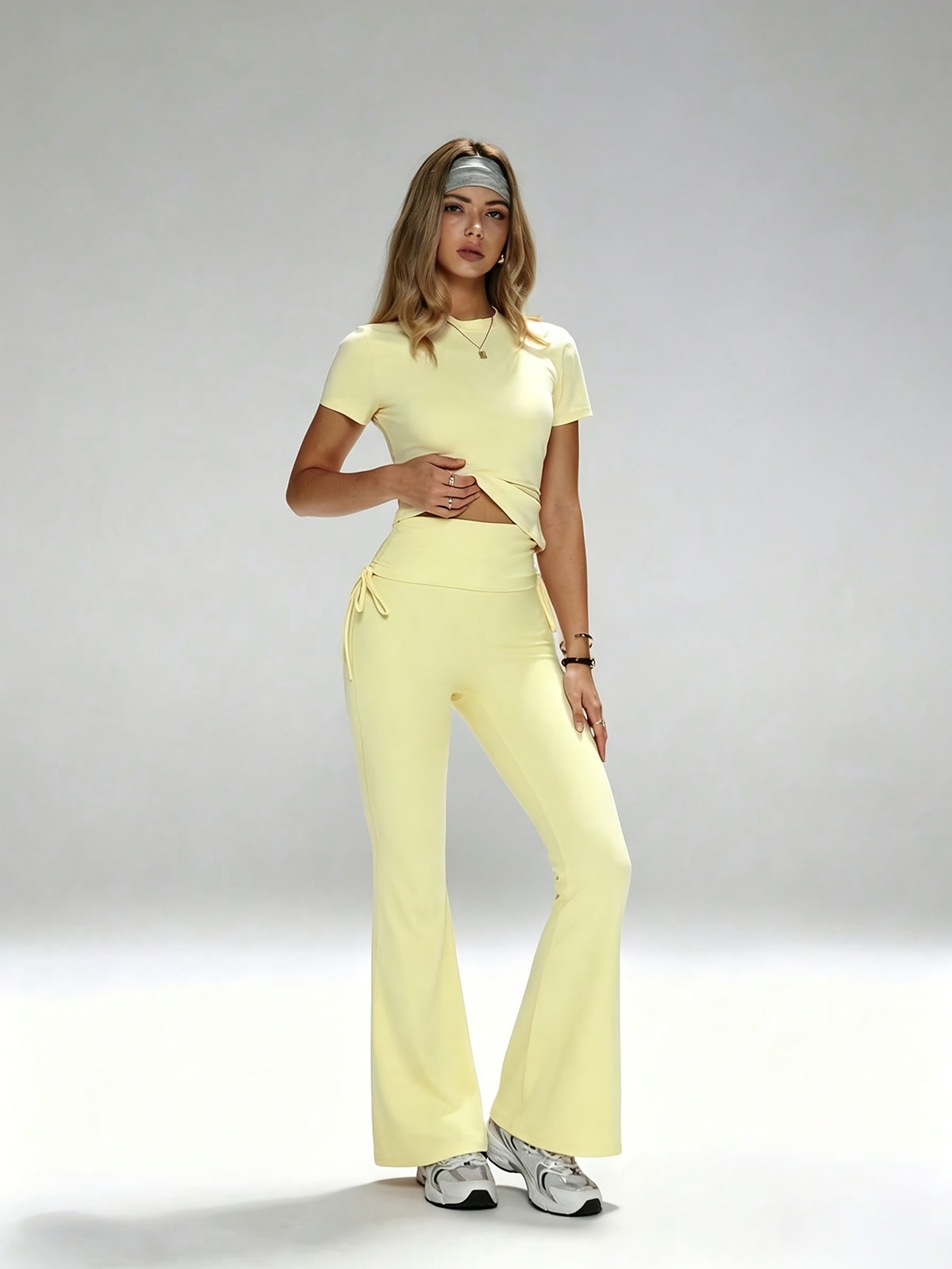 Round Neck Top & Drawstring Flare Pants Set - Light Yellow