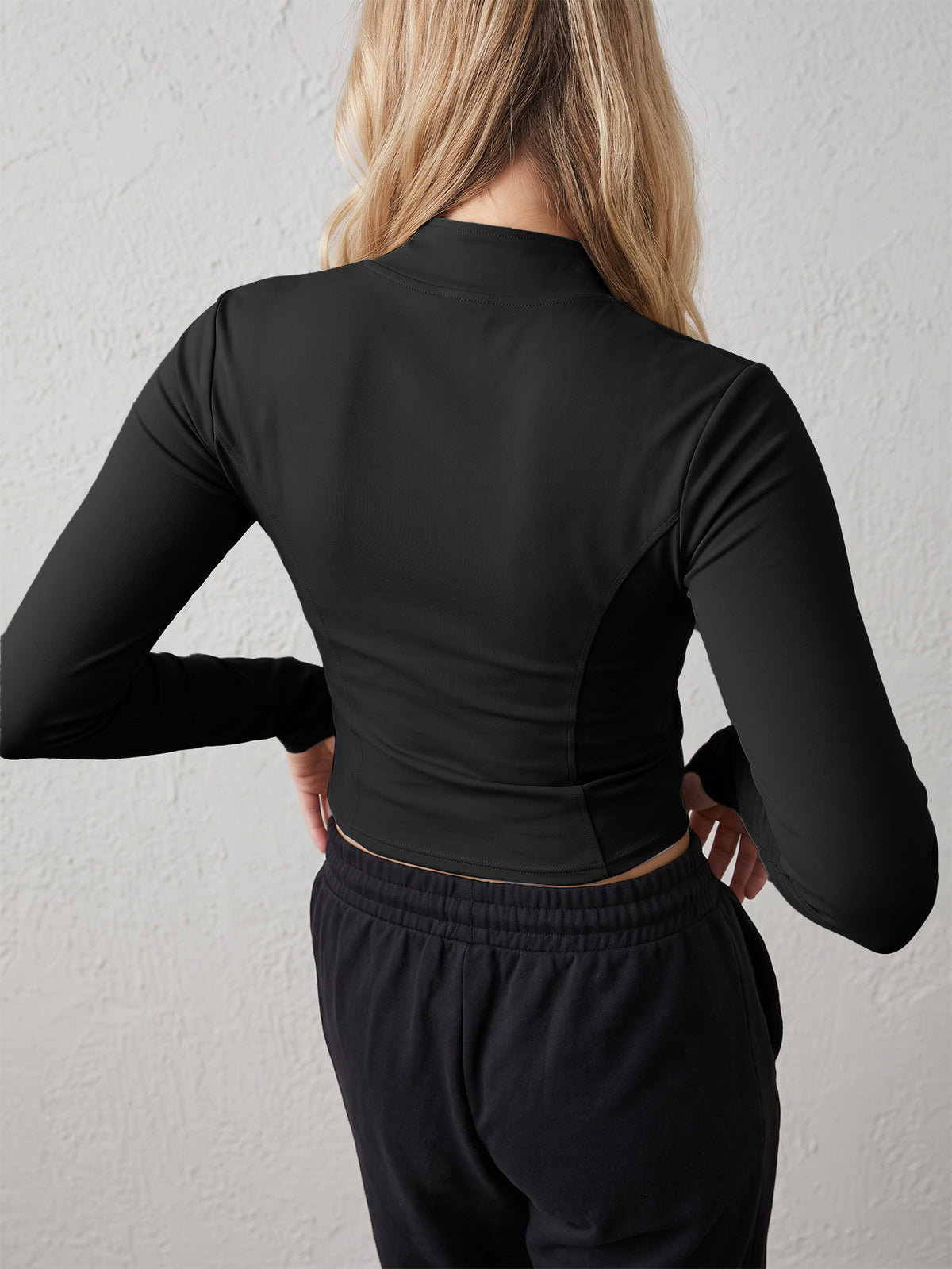 Thumbhole Stand Collar Zip Jacket - Black