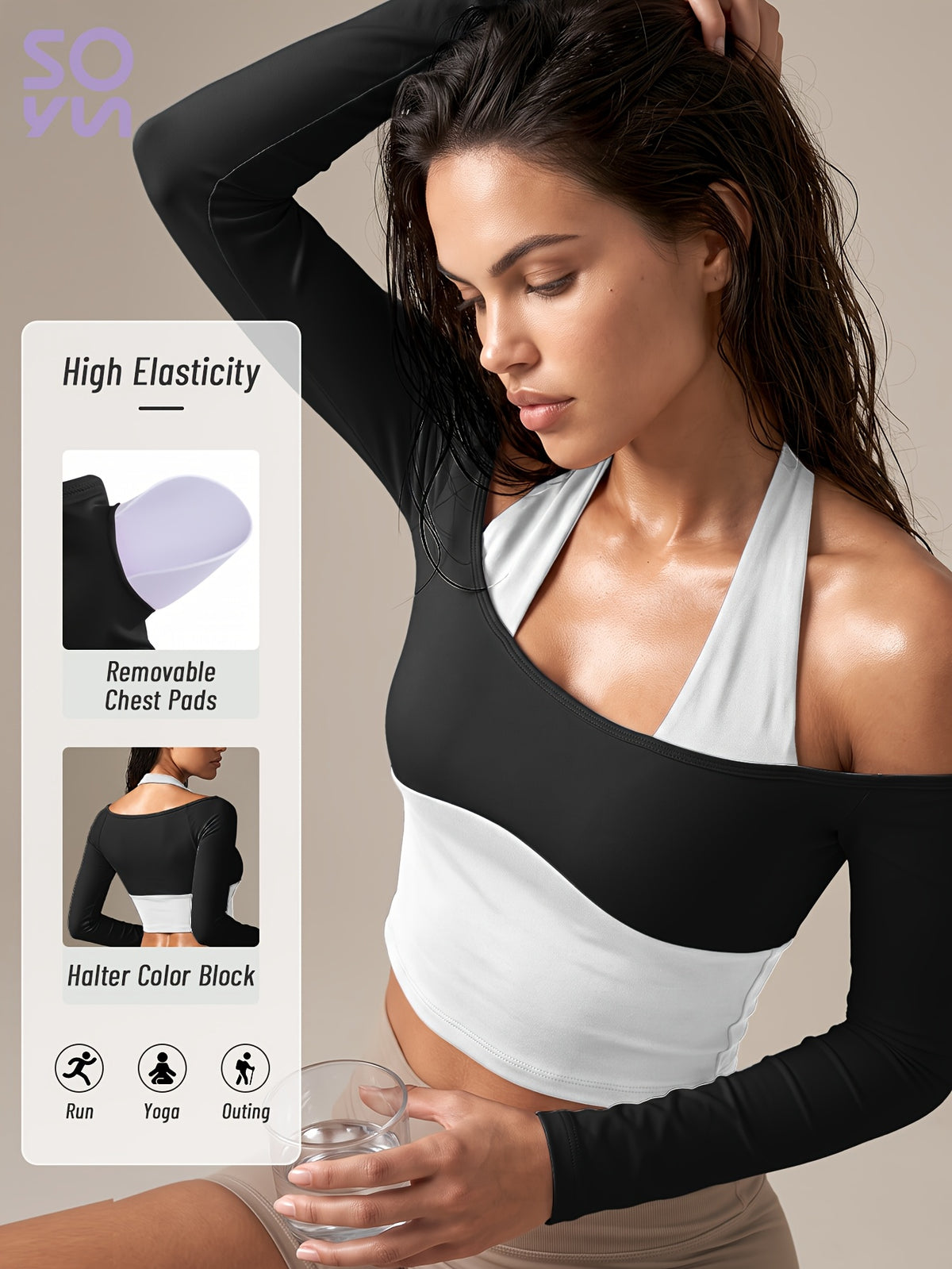 Faux Two-Piece Halter Color Block Top - Black