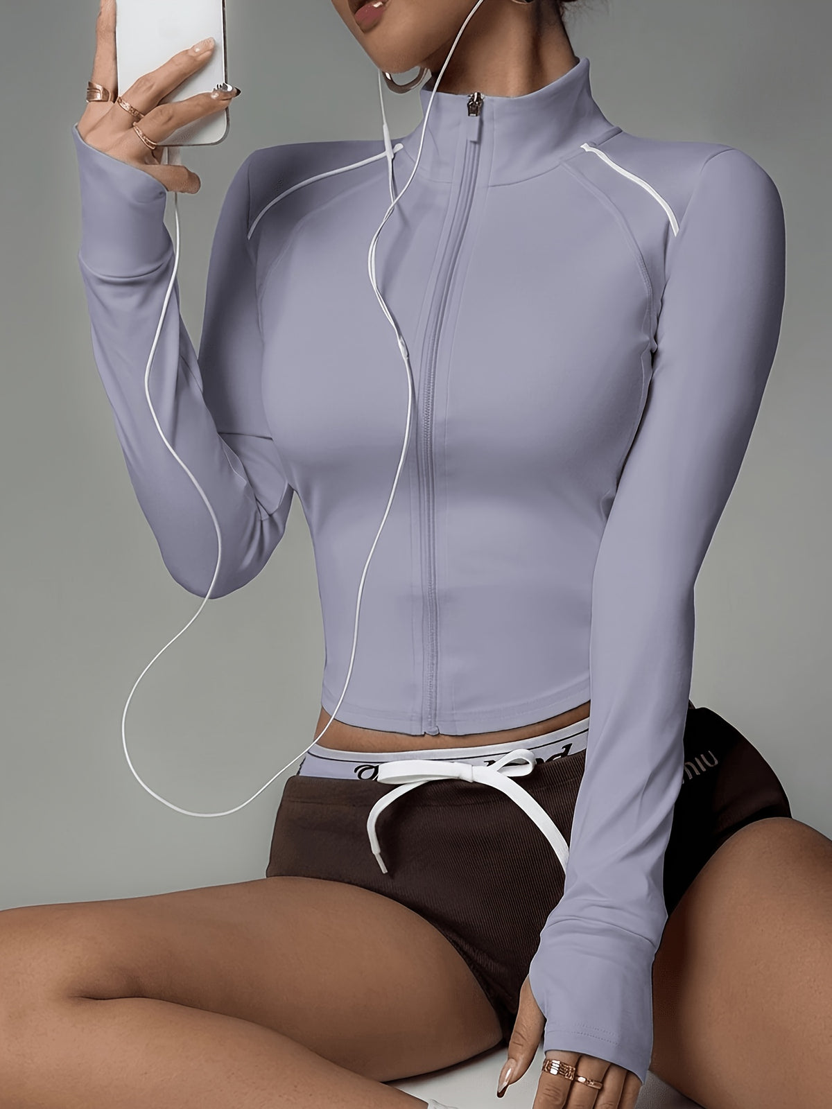 Contrast Stand Collar Zip Jacket - Light Purple
