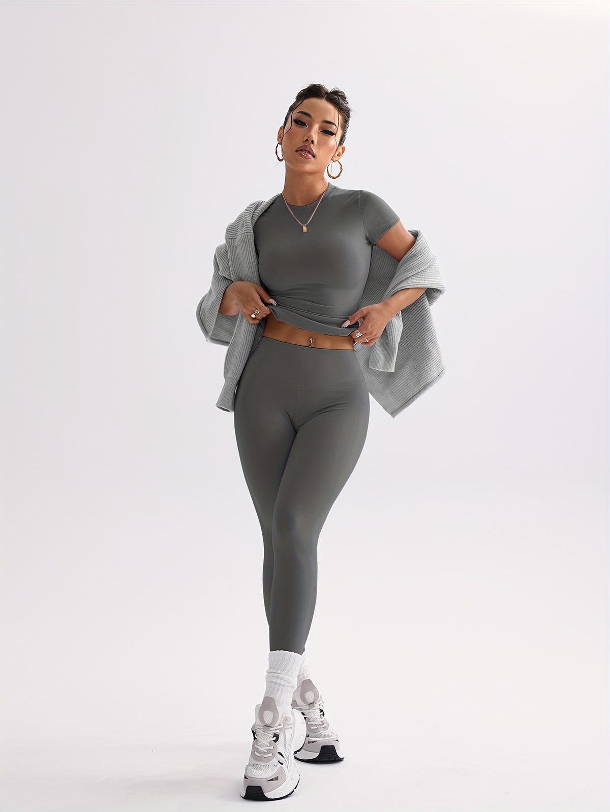 Cropped Tee & Leggings Set - Dark Grey