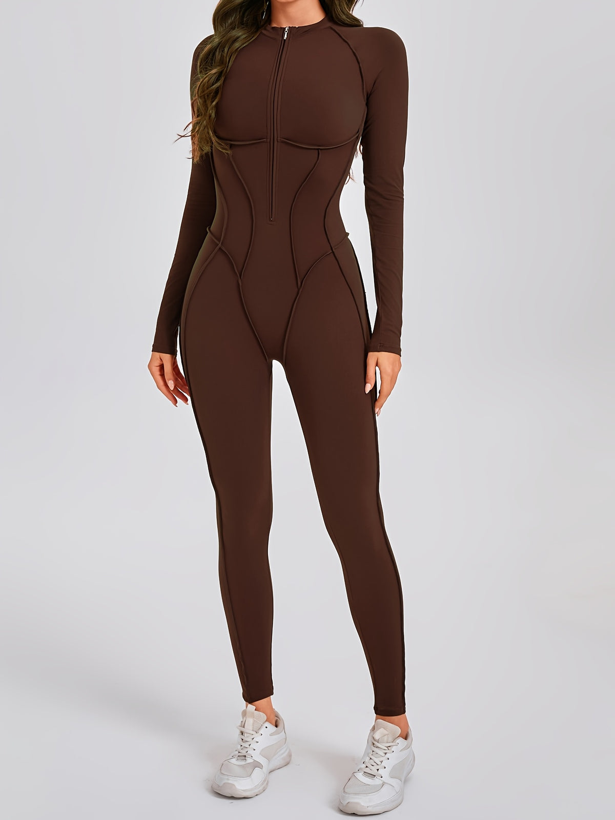 Half Zip Long Sleeve Jumpsuit - Coffee