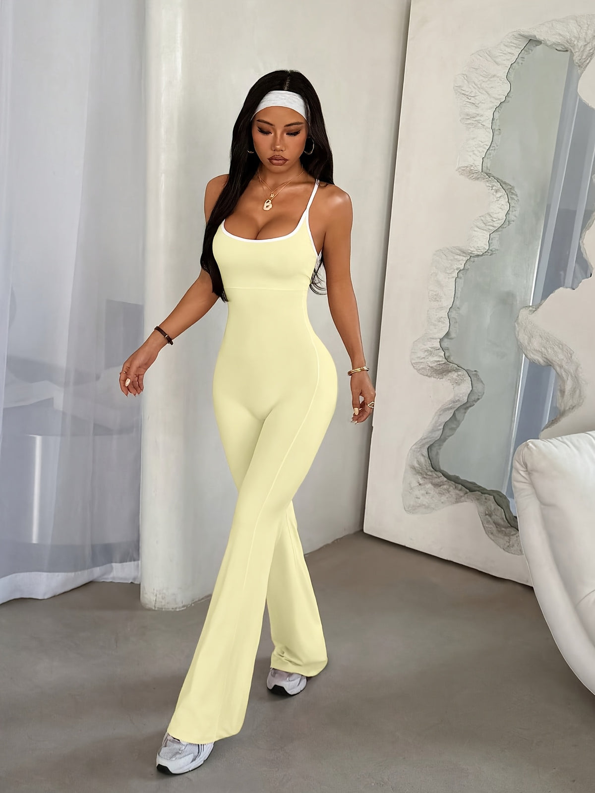 Cross Back Flare Jumpsuit - Light Yellow