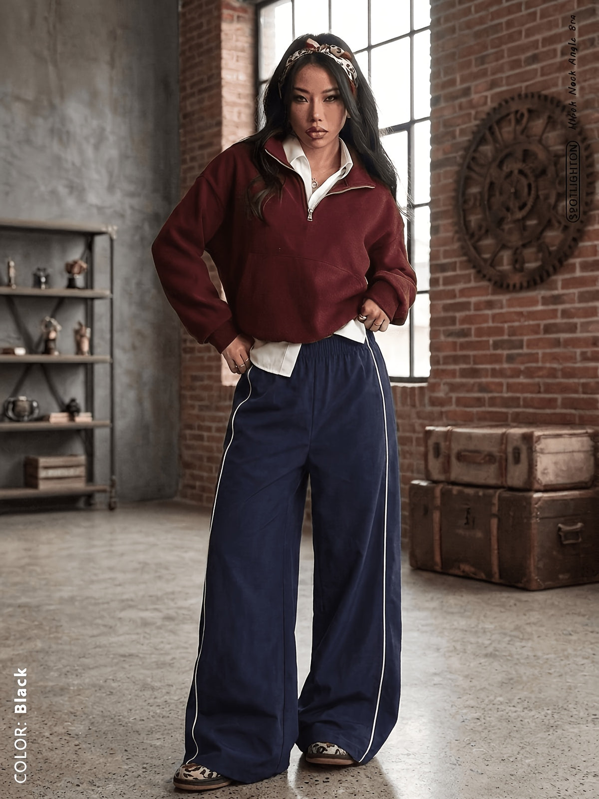 Side Stripe Wide Leg Pants - Navy