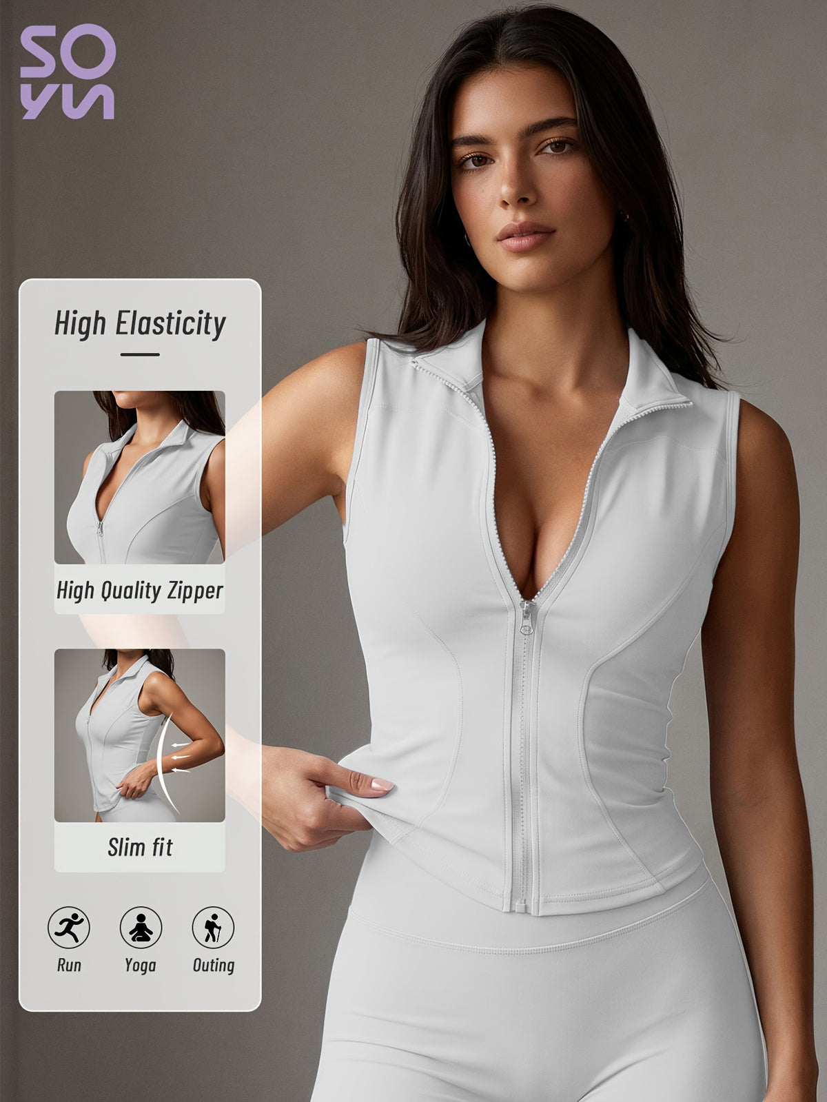 Sleeveless Zip Up Athletic Vest - White