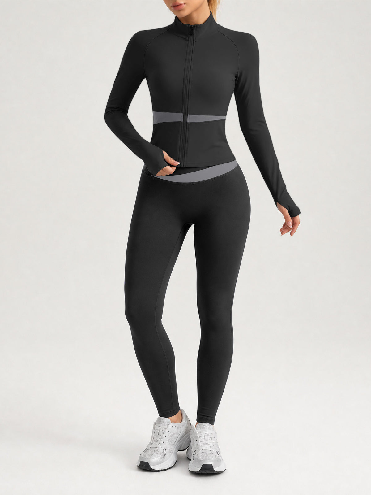 Contrast Zip Jacket & Lifting Leggings Set - Black