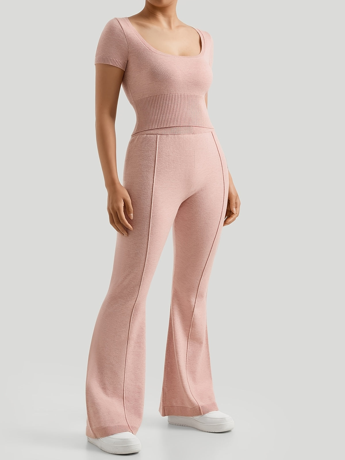 Seamless Square Neck Tee & Wide Leg Set - Pale Pink