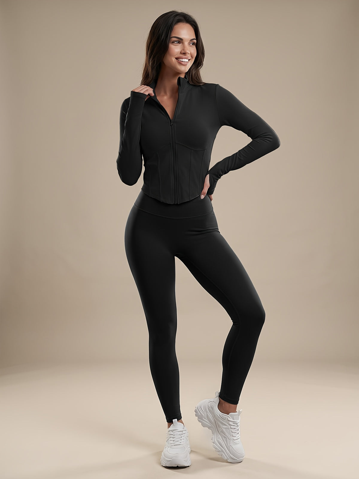 Nylon Zip Jacket & Lifting Leggings Set - Black