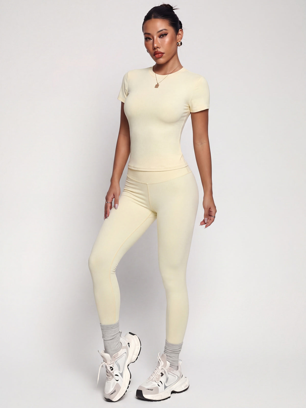 Short Sleeve Top & Leggings Set - Light Yellow