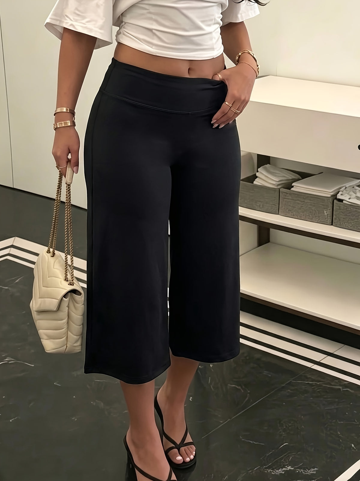 High Waist Wide Leg Capri Pants - Black