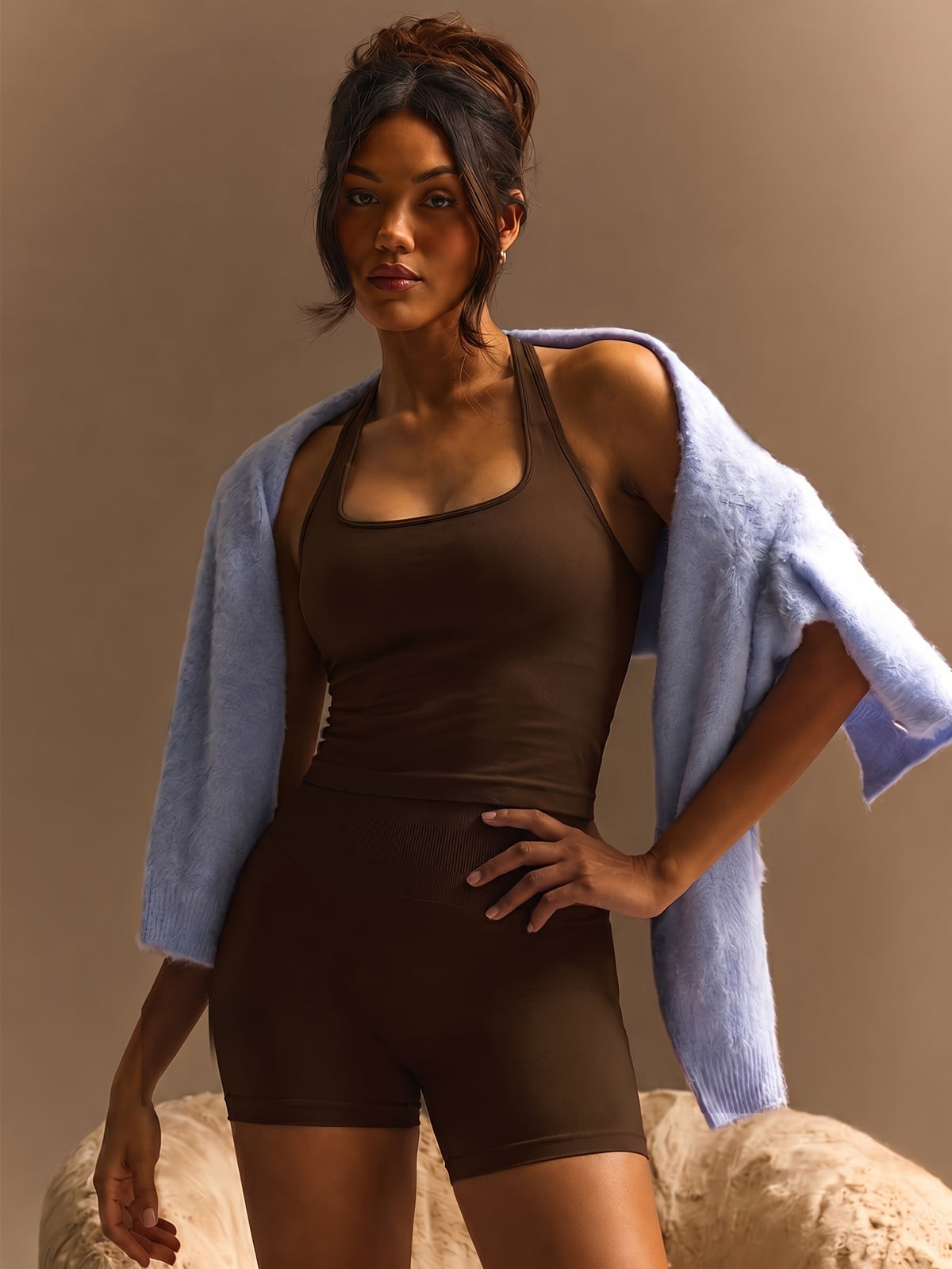 Halter Seamless Tank & Biker Shorts Set - Dark Brown
