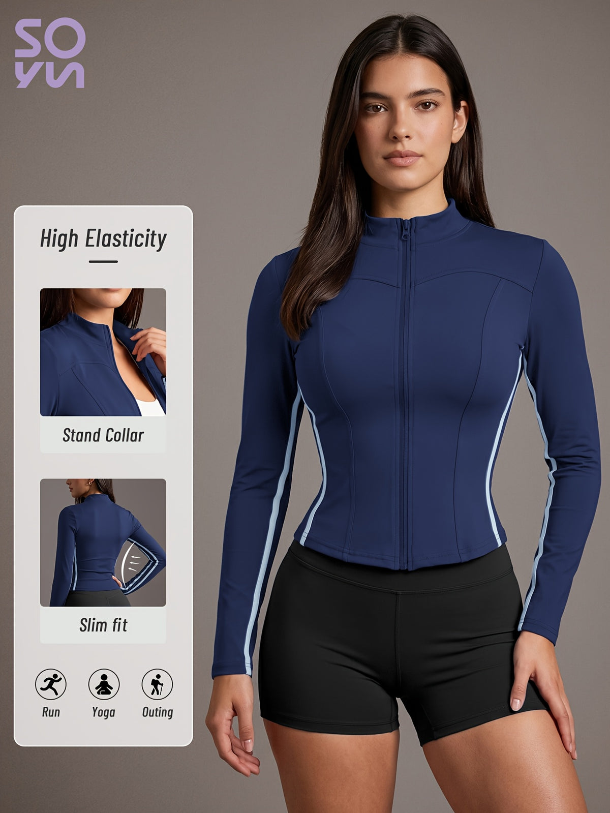 Long Sleeve Full Zip Yoga Jacket - Navy