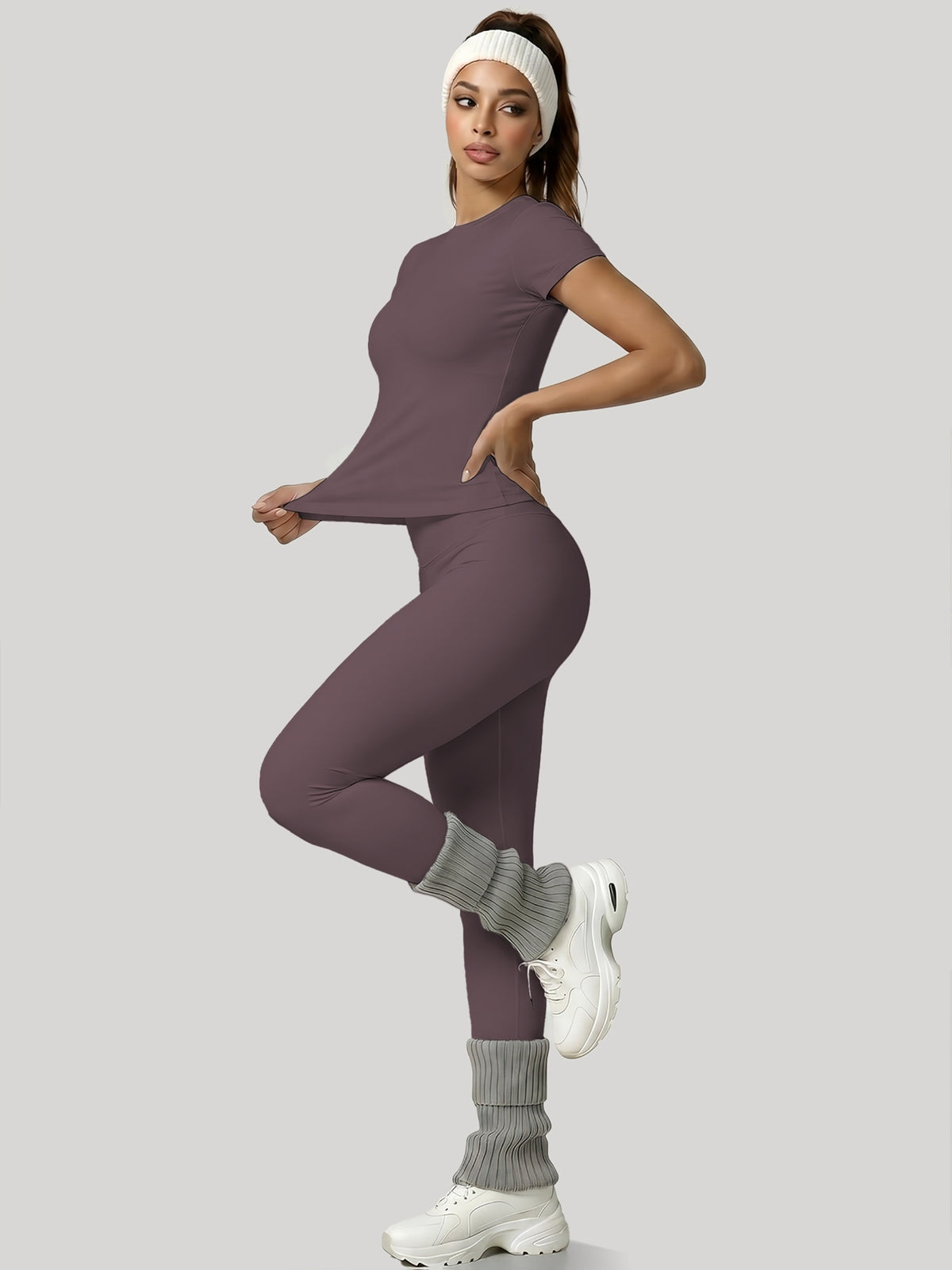 Round Neck Top & Tummy Tuck Leggings Set - Eggplant Purple
