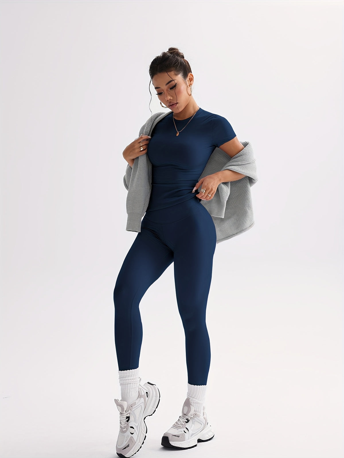 Cropped Tee & Leggings Set - Navy