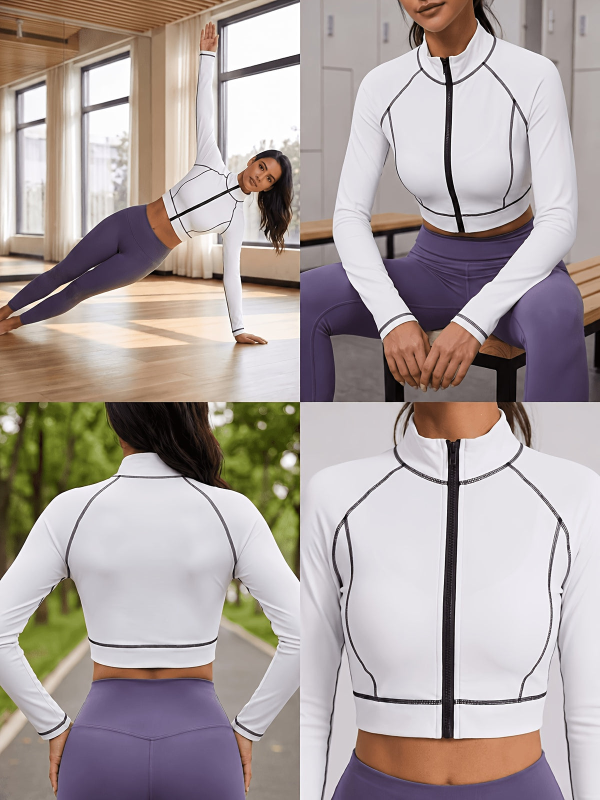 Contrast Stitch Cropped Zip Jacket - White