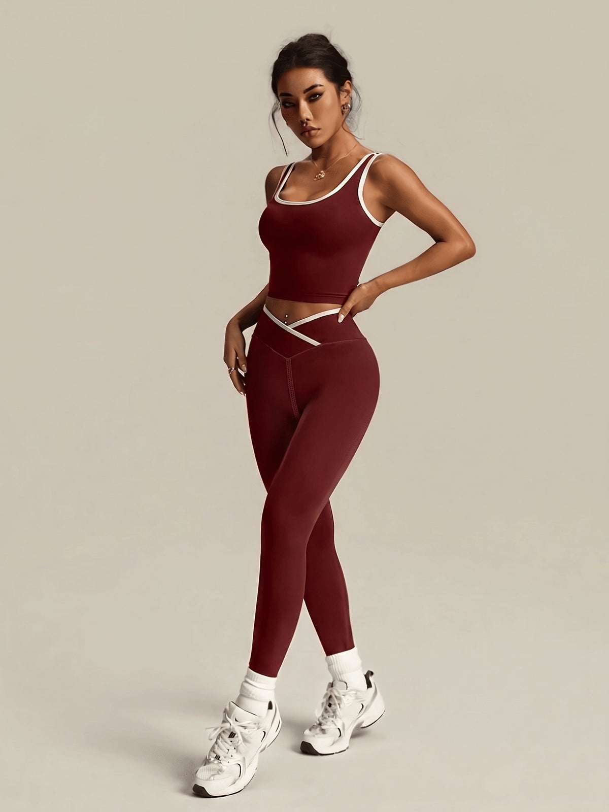 Crossover Waist Top & Leggings Set - Burgundy