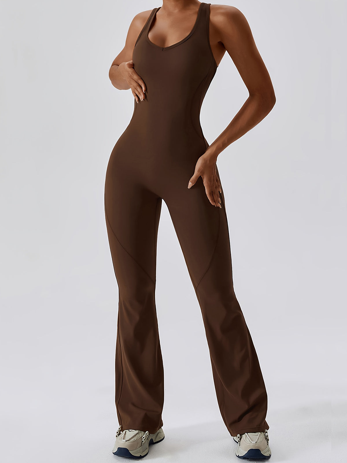 Open Back Padded Flare Jumpsuit - Coffee