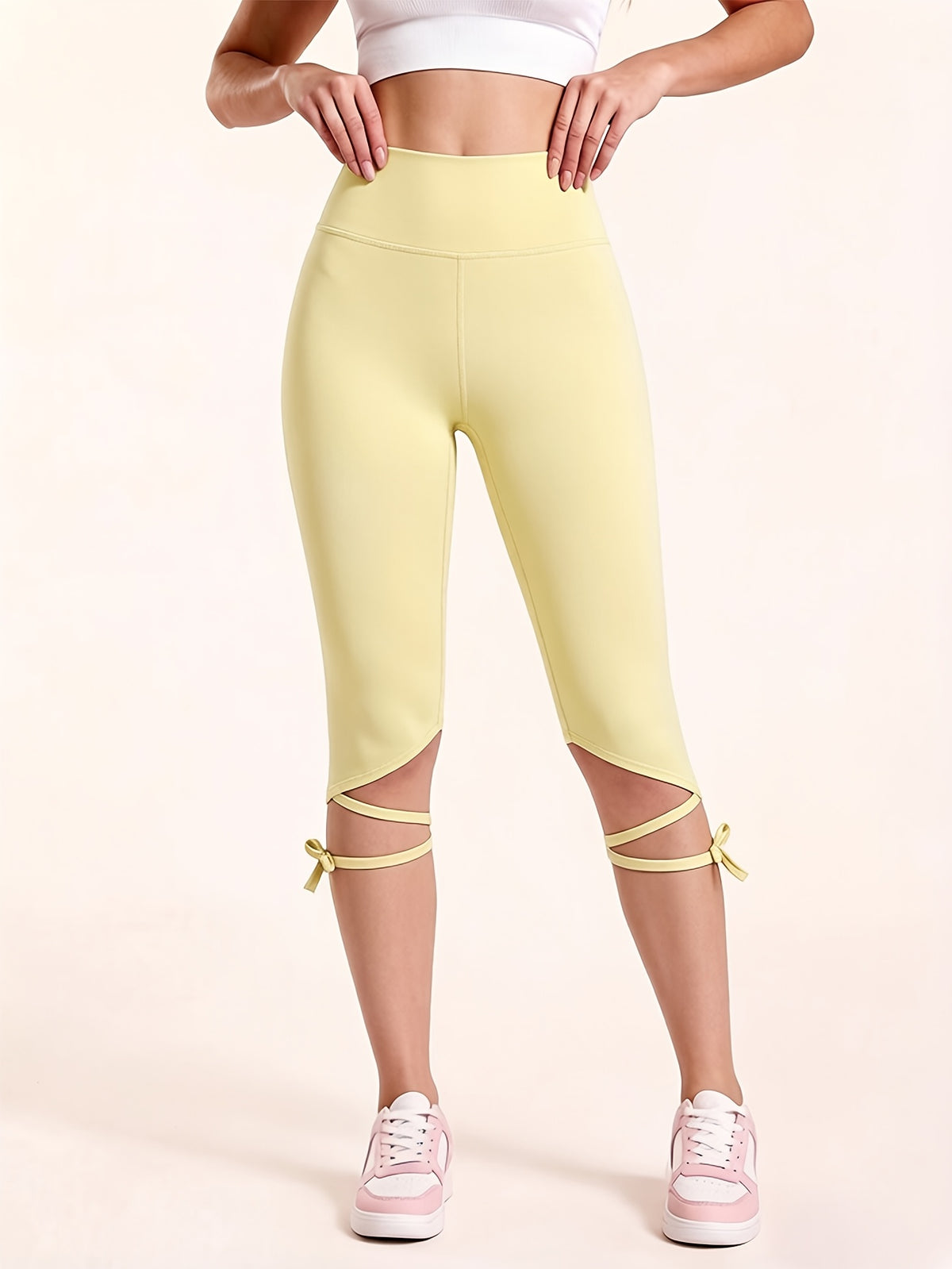 Cross Strap Capri Leggings - Light Yellow