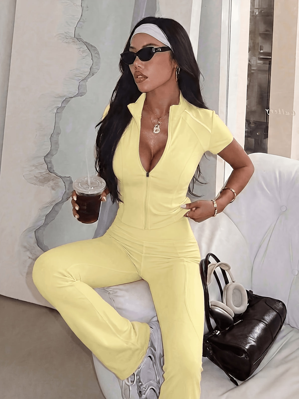 Short Sleeve Zip Top & Flare Pants Set - Light Yellow