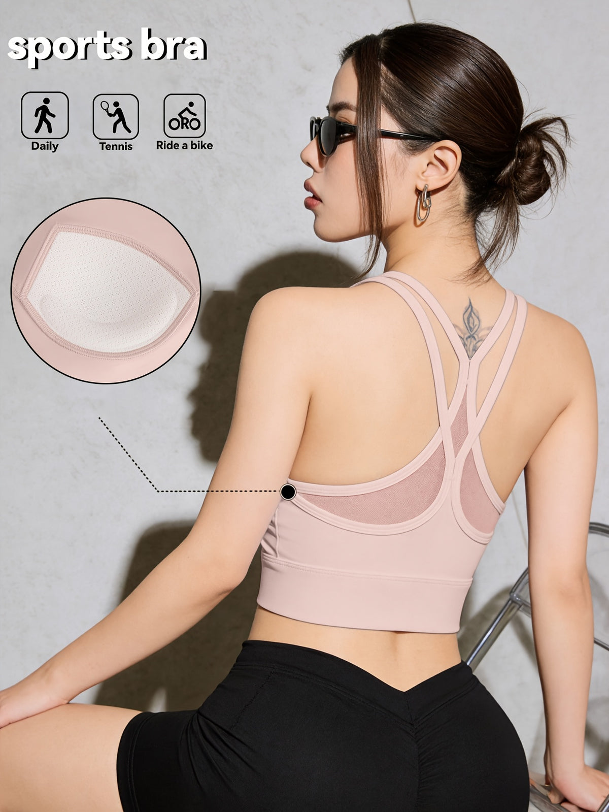 Criss-Cross Backless Padded Sports Bra - Pale Pinkish Gray