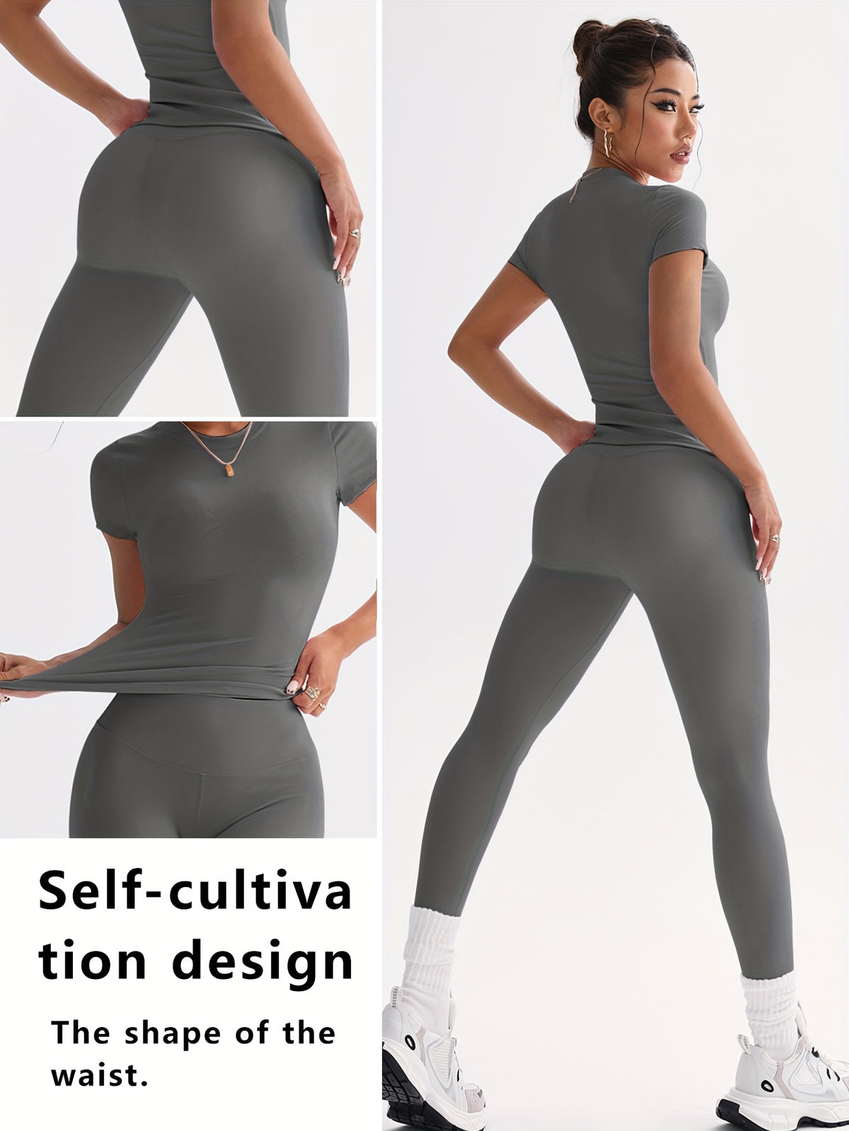 Cropped Tee & Leggings Set - Dark Grey