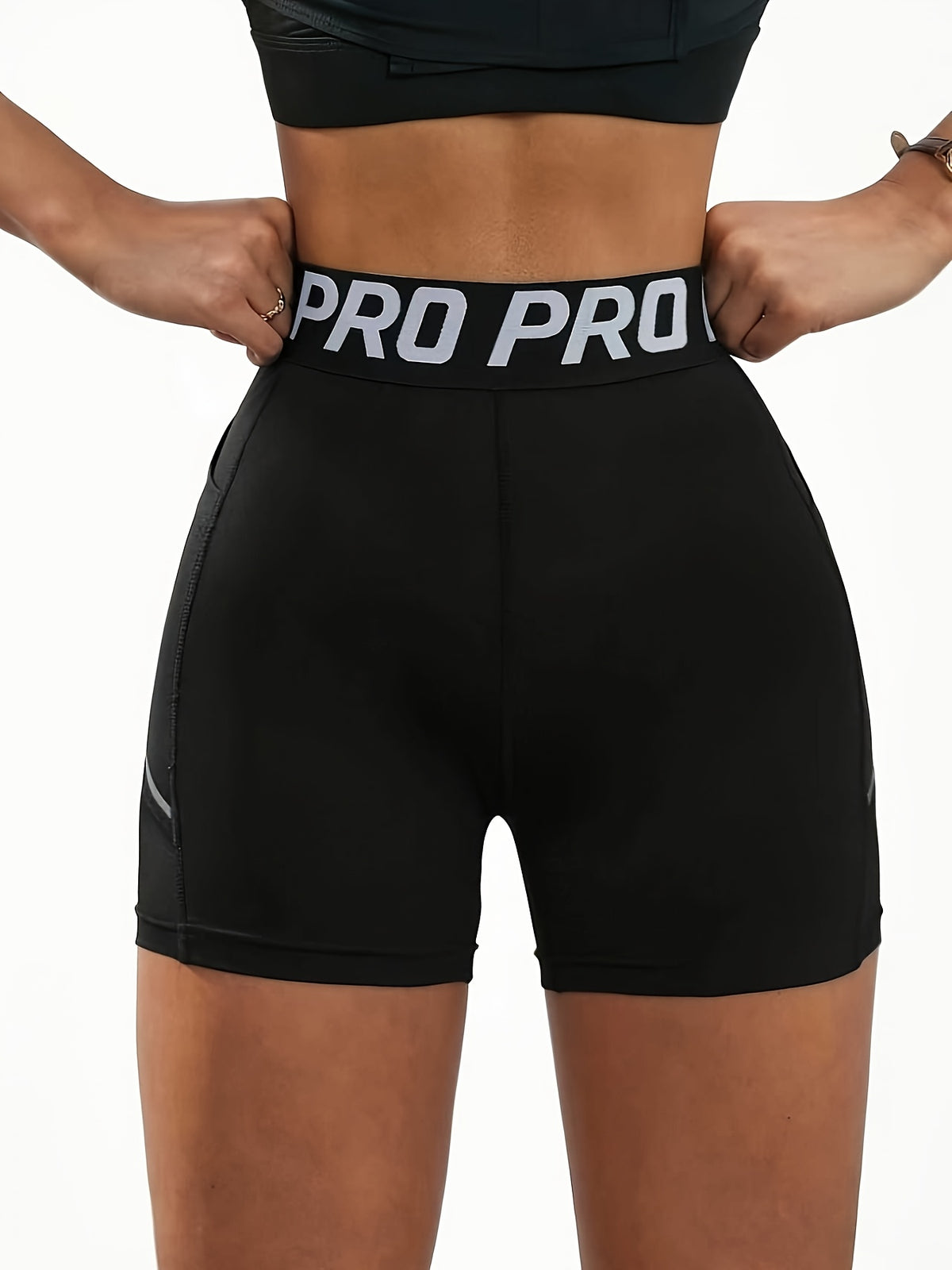 Letter Jacquard Waist Reflective Yoga Shorts - Black