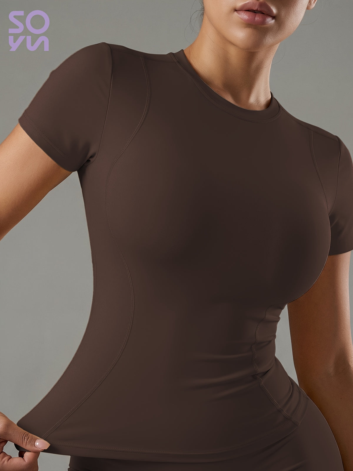 Quick-Dry Round Neck Yoga Tee - Coffee