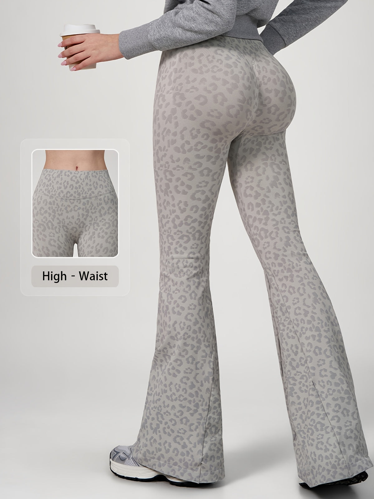 Leopard Print Flare Leggings - Light Grey